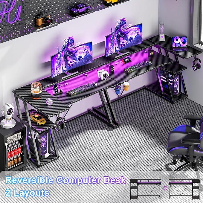 47 Inch Gaming Desk with Power Outlet & LED Lights, Corner Computer Desk with 3 - Image 3