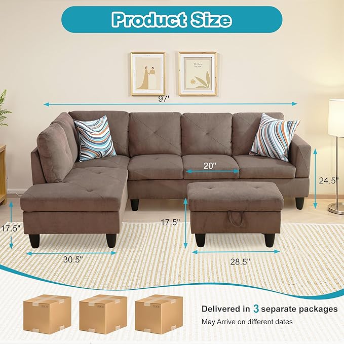 L Shaped Couch Modern Sectional Couch Upholstered Sackcloth Fabric 3 Pieces - Image 2