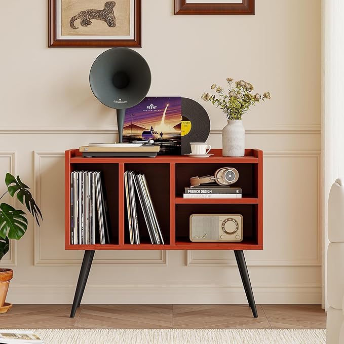 Record Player Stand with Vinyl Storage, Turntable Stand with Solid Wood Legs - Image 3