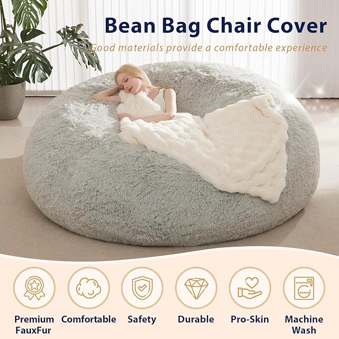 Bean Bag Chair Cover, Waterproof Faux Fur Bean Bag Cover Only, 5FT Round - Image 5