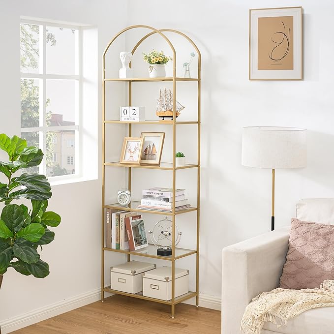 Homhedy Bookshelf Arched Display Racks, Metal Bookcase, Tempered Glass Shelves by Homhedy