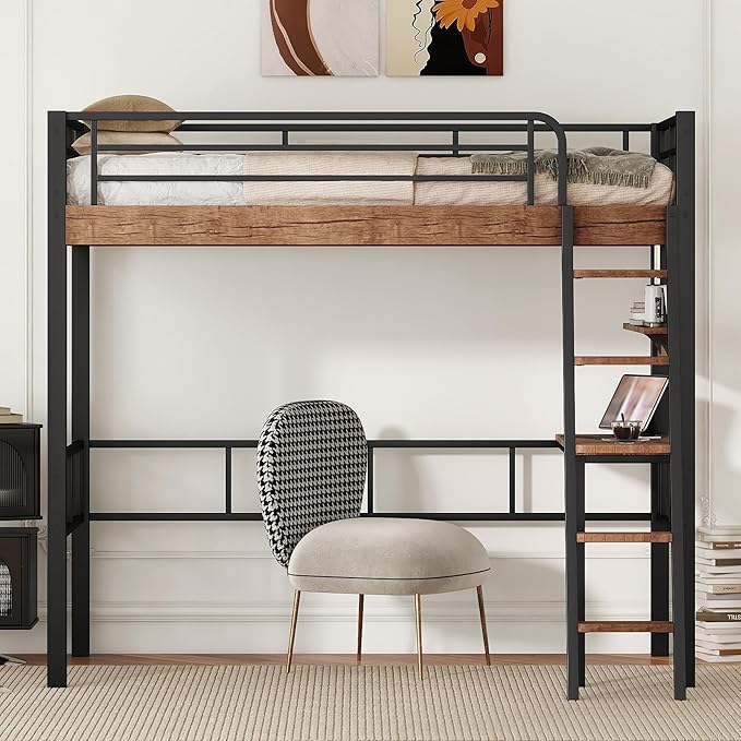 Metal Twin Size Loft Bed with Built-in Desk, Storage Shelf and Ladder, - Image 3