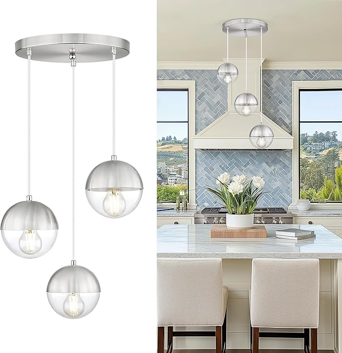 LMS Modern Brushed Nickel 3-Light Cluster Pendant Lights, Mid Century Pendant by LMS