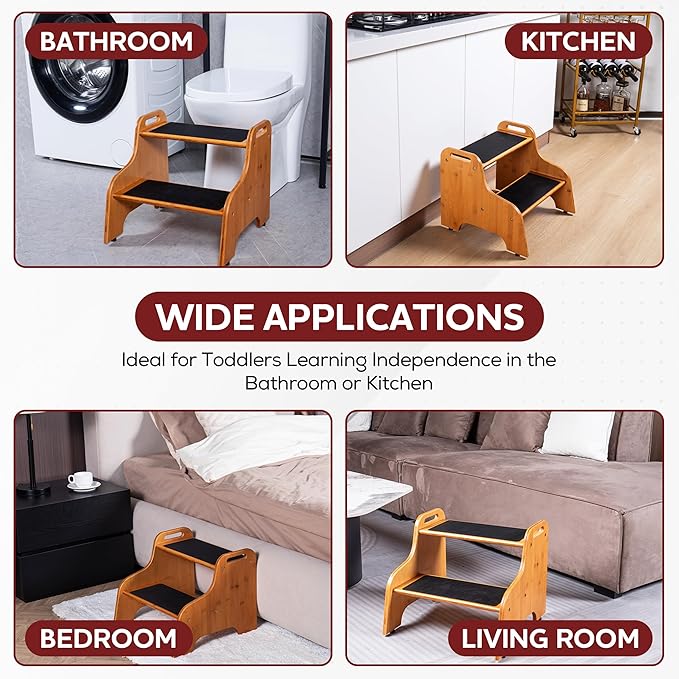 2-Step Wooden Step Stool for Adults & Kids – Non-Slip Bed, and Closet Use – - Image 4