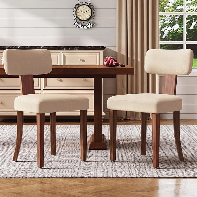 Mid Century Modern Dining Chairs Set of 2, Linen Upholstered Kitchen Chairs - Image 2