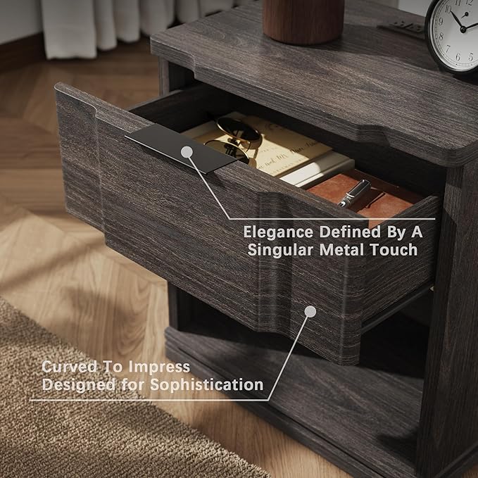 Nightstand with Charging Station, Wooden Curved Night Stand Bedside Table with - Image 3