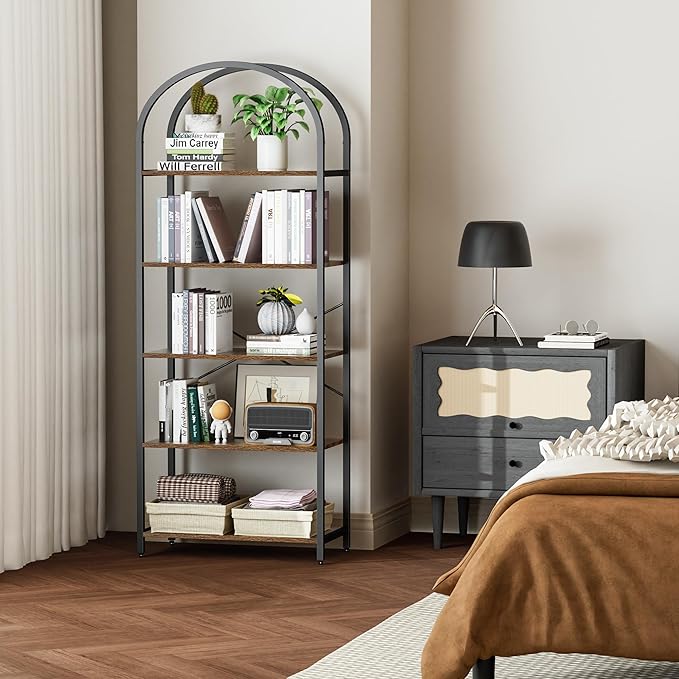 Homhedy 5-Tier Bookshelf Arched Display Racks, Wood and Metal Bookcase - Image 6