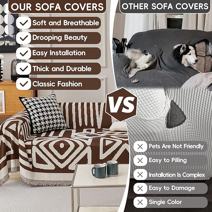 STACYPIK Boho Chenille Sofa Covers, Chocolate Geometric Couch Cover - Image 3