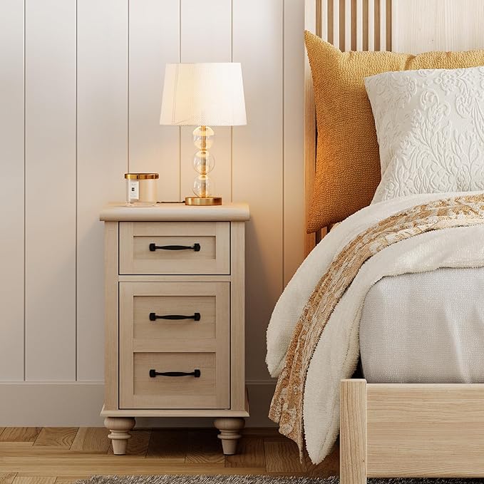 WAMPAT Beige End Table with Charging Station, Wooden Side Table with Storage - Image 3