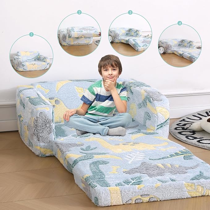 Foldable Kids Sofa Extra Wide for 2 Seats, Soft Kids Fold Out Couch Glow in The - Image 4