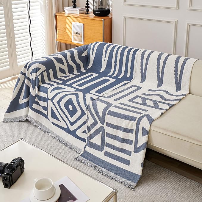 STACYPIK Reversible Boho Blue Beige Couch Cover - Image 6