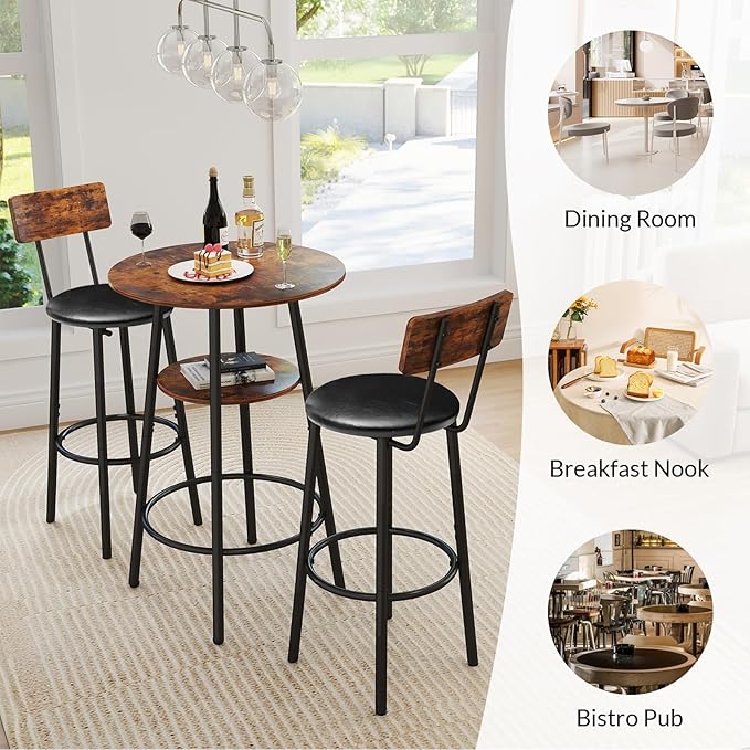 3 Pieces Round Bar Table and Chair Set, Small Dining Table - Image 3