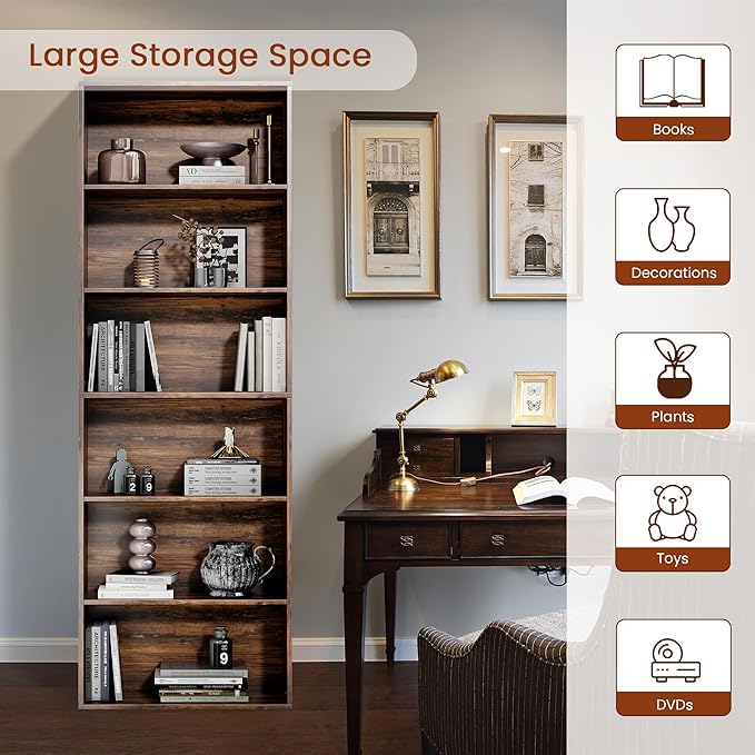 71" Tall Bookcase, 6-Tier Open Display Storage Shelves, Floor Standing Large - Image 7