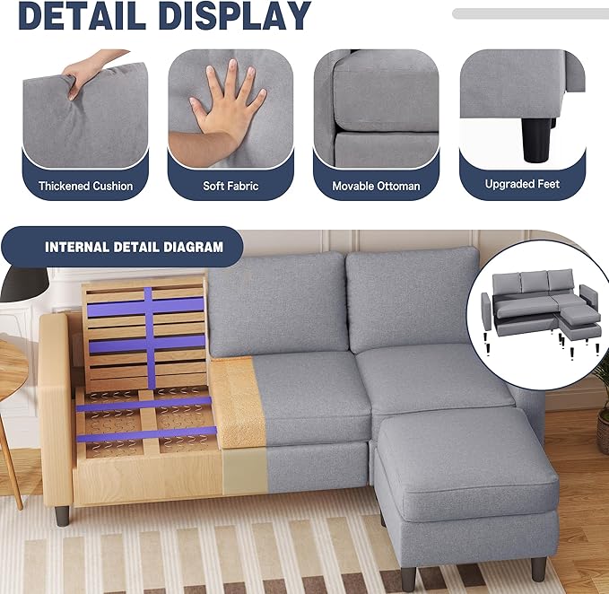Small Sectional Sofa Couch, 3 Seat L Shaped Couches - Image 3