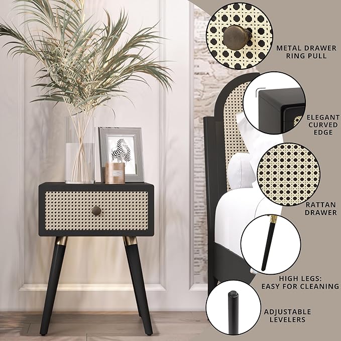 Bme Nipe Black Solid Wood Rattan Nightstand Fully Assembled, Woven Cane End - Image 4