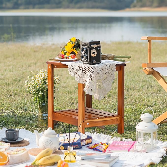 Utoplike Teak Side Table Outdoor, Patio End Table Double Layer, Wooden Coffee - Image 5