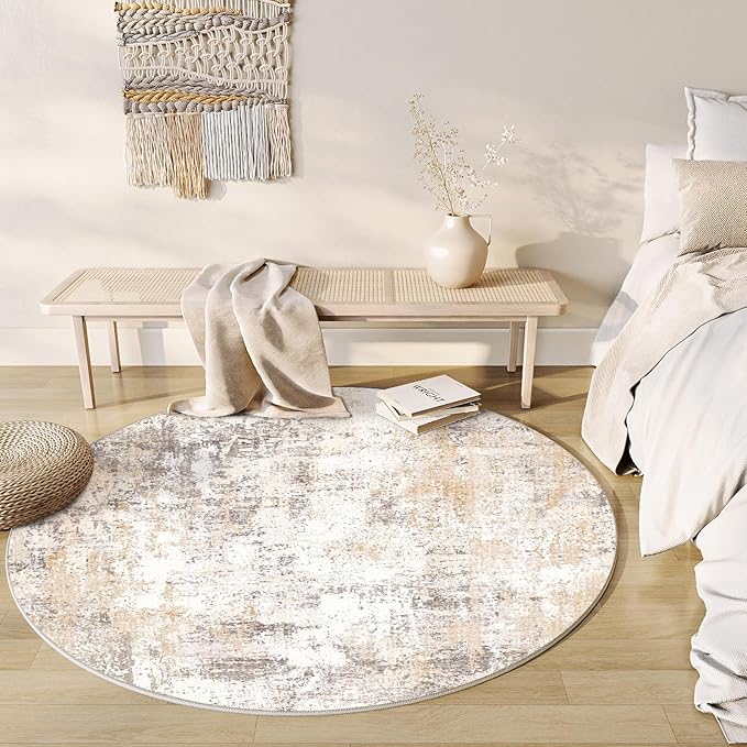 8x8 Washable Round Rug Beige Grey Neutral Abstract Living Room Bedroom Large - Image 2