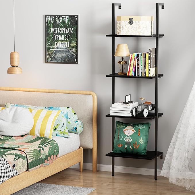 Ladder Shelf 4 Tiers Metal Industrial Bookshelf, Wall Mount Wide Book Case - Image 2