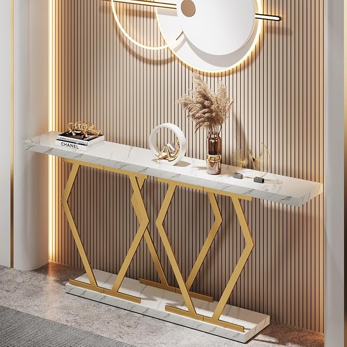 Tribesigns 70.9 Inch Extra Long Sofa Table， White and Gold Console Table - Image 6