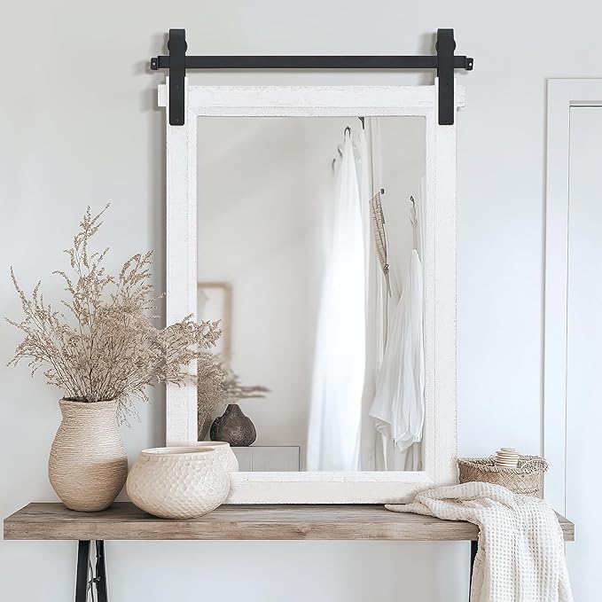 Rustic Barn Door Mirror: 24"x36" White Farmhouse Wood Frame - Image 2
