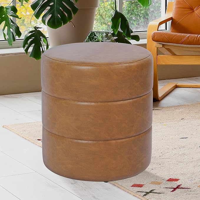 HomePop Upholstered Faux Leather Round Ottoman Home Décor | Round Pouf Foot - Image 2