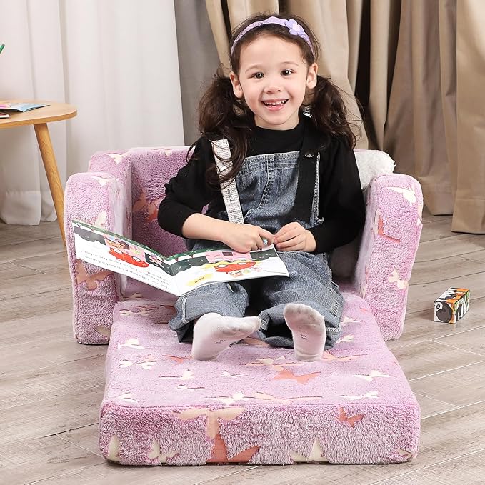 Butterfly Glow in The Dark Toddler Couch, 2-in-1 Toddler Soft Couch Fold Out - Image 2