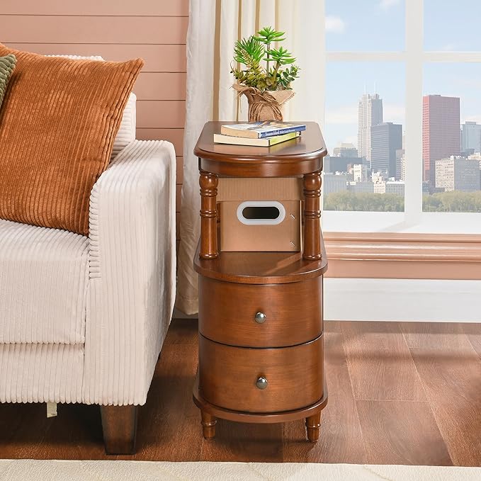 2 Set of Wood End Table with 2 Drawers and Storage Shelf, Narrow Sofa Side Table - Image 3
