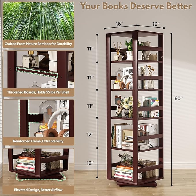 Homykic Rotating Bookshelf, Bamboo 360 Display Spinning Bookshelf Tower - Image 3