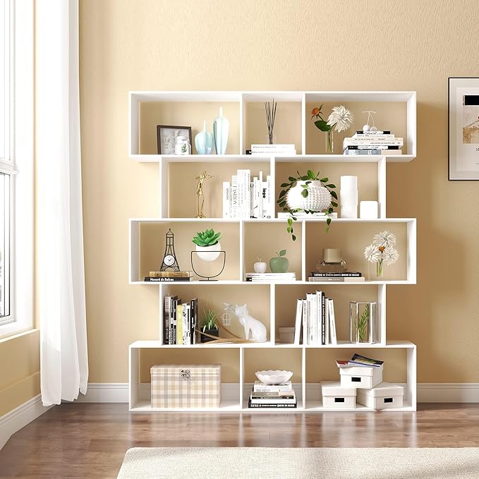 Yusong Bookshelf 5-Tier, Geometric Bookcase S Shaped Book Shelves - Image 5