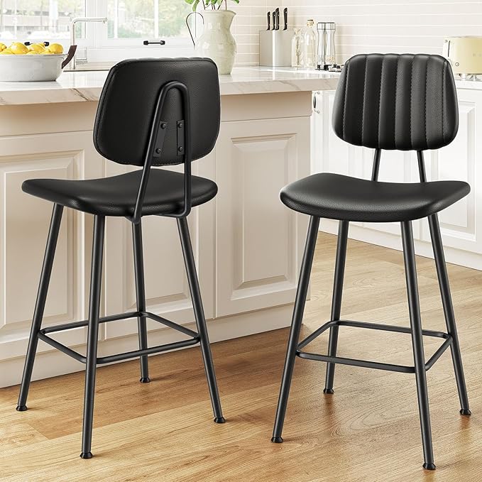 24-Inch Leather Bar Stools Set of 2, Counter Height Barstools by Raynesys