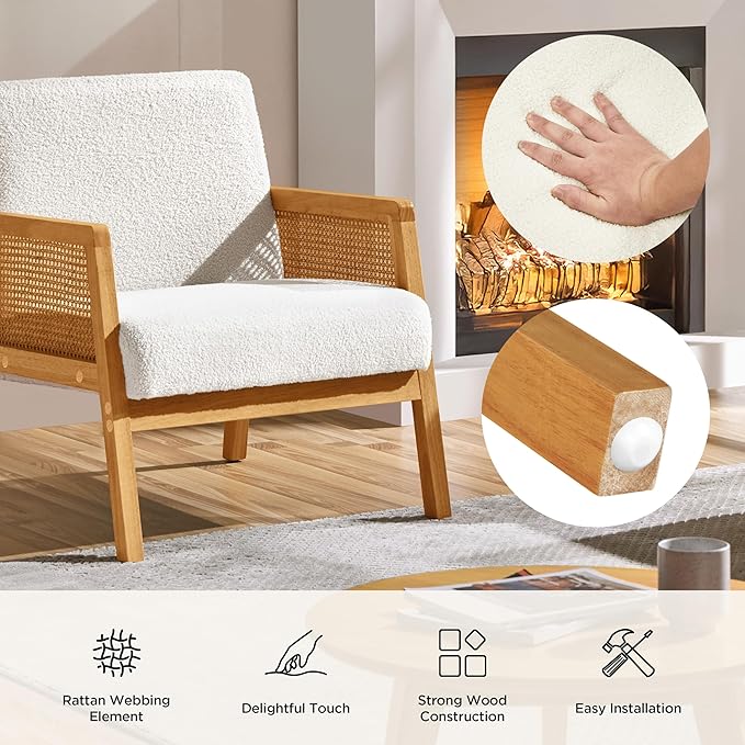Yaheetech Boucle Fabric Accent Chair, Vintage Rattan Vanity Chair - Image 8