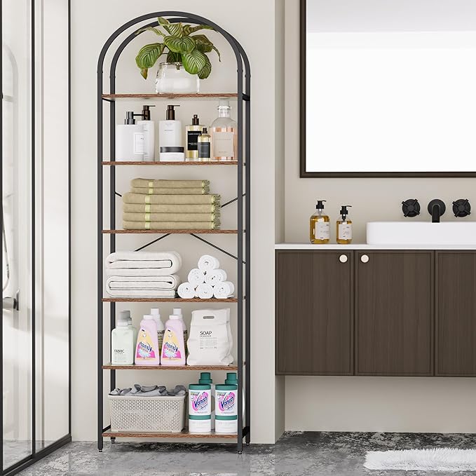 Homhedy 6-Tier Bookshelf Arched Display Racks, Wood and Metal Bookcase - Image 7