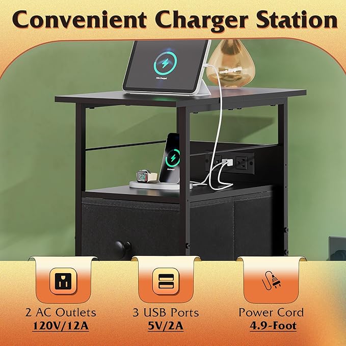 WLIVE Nightstand Set of 2 with Charging Station, End Table Sets with LED Lights - Image 5