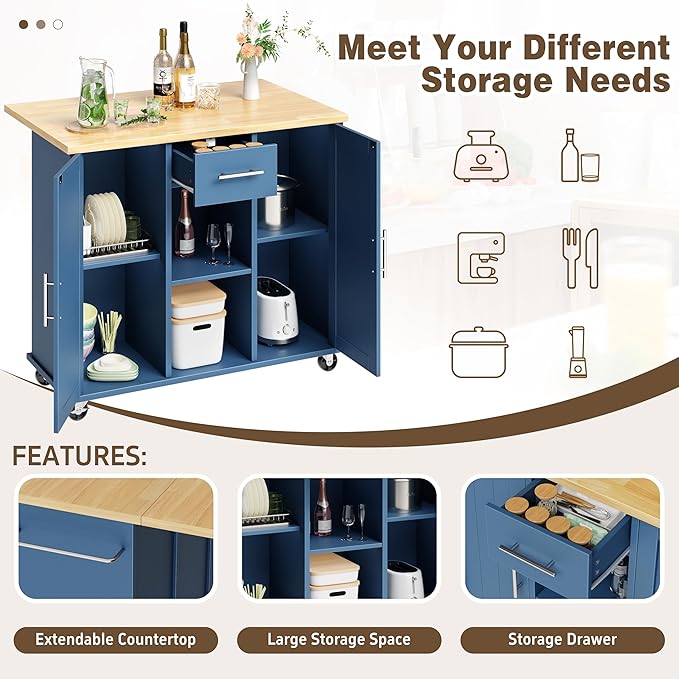 Shintenchi Kitchen Island with Storage, Bar Cart Cabinet Island Table on Wheels - Image 5