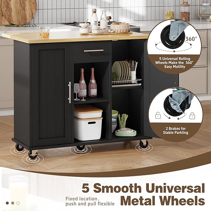 Shintenchi Kitchen Island with Storage, Bar Cart Cabinet Island Table on Wheels - Image 6