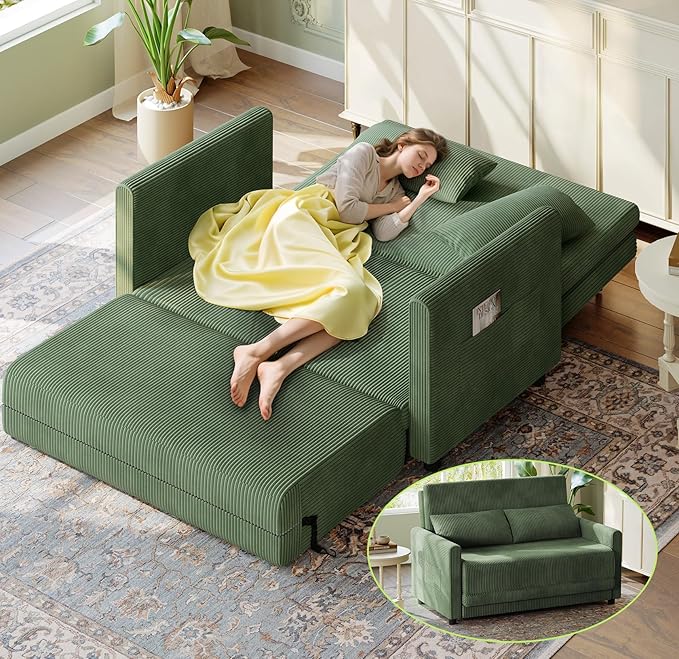 53” Convertible Sofa Bed Couch, Corduroy Couch Bed, 6-Position Loveseat Sleeper by WelzonaDirect