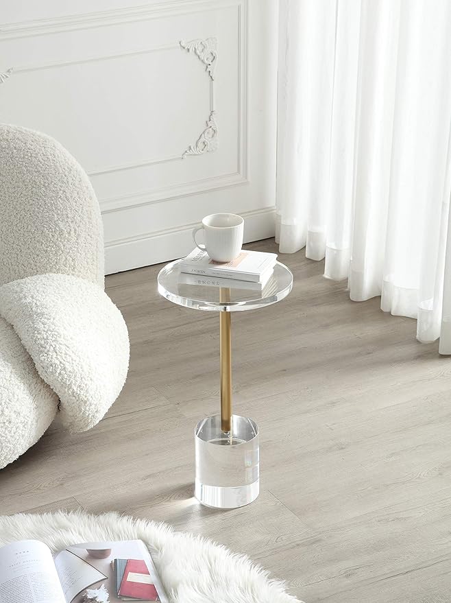 Clear Acrylic End Table, Side Table, Brushed Brass Metal, - Image 6