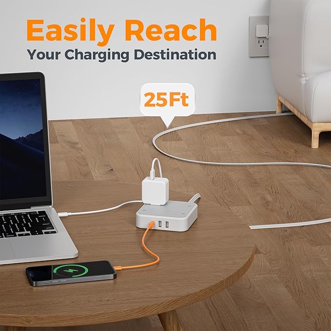 Surge Protector Long Extension Cord 25FT, TESSAN Flat Plug Power Strip - Image 5