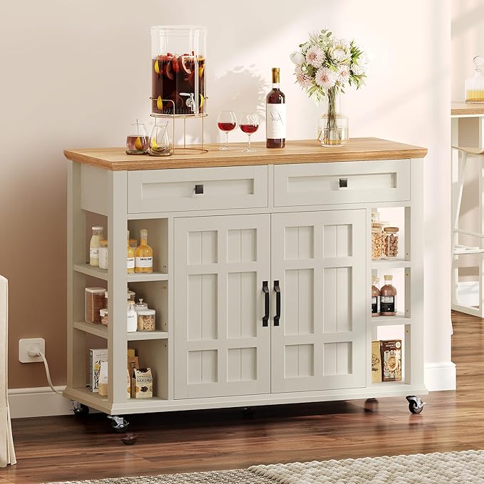 DWVO Kitchen Island with Storage Cabinet, Farmhouse Rolling Island Table on by DWVO
