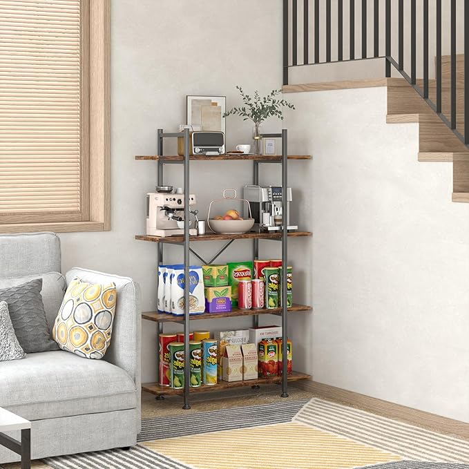 4 Tiers Bookshelf Rustic Brown Wooden Storage Shelf, Industrial Shelf Book - Image 6