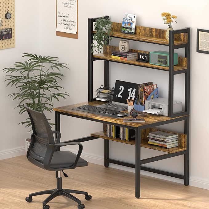 Aquzee Computer Desk with Hutch, 47“W x 23.6" D Desk with Shelves, Tall Home - Image 2