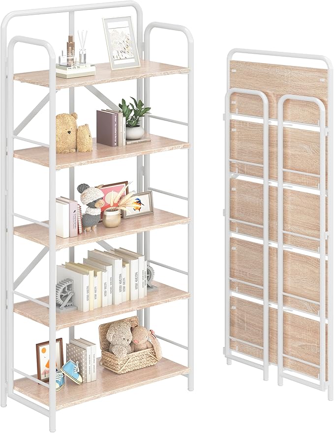 4NM No Assembly Folding Bookshelf 5 Tiers Vintage Industrial White Book Shelf by 4NM