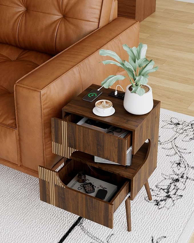 Nightstand with Charging Station and LED Lights, Modern Bedside Table with 2 - Image 6