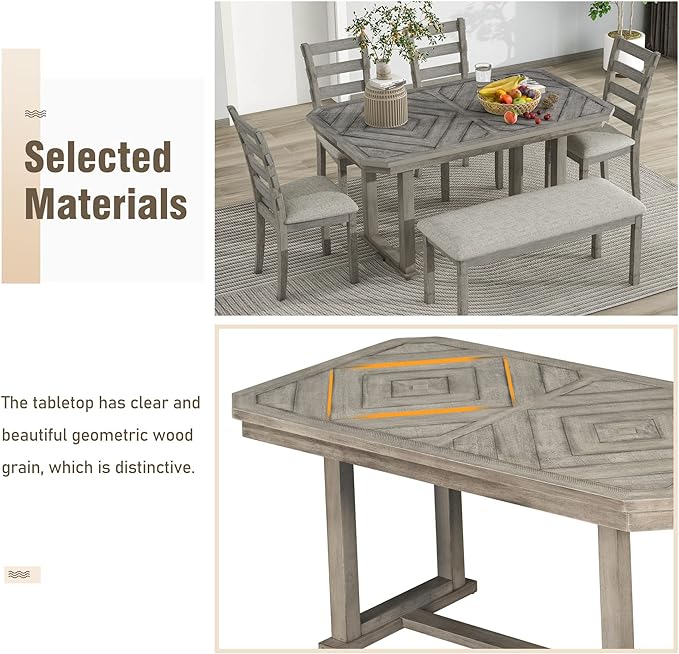 Merax 6-Piece Rubber Wood Dining Table Set - Image 4