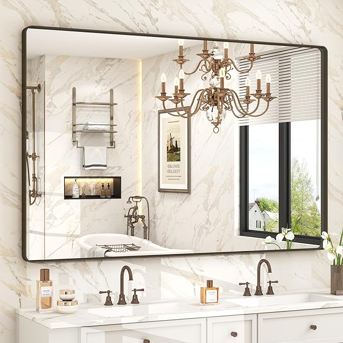 55x36 Bronze Framed Bathroom Mirror, Rectangle Brushed Bronze Metal Vanity by VANLIOBathroomMirror