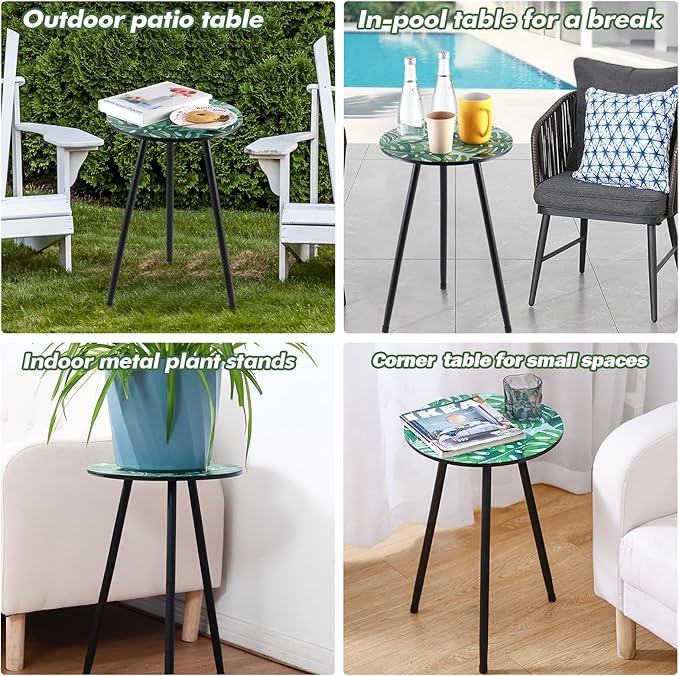 2 Packs Metal Leaf Round Side Tables 13.4" Small Outdoor Patio Round Accent - Image 6