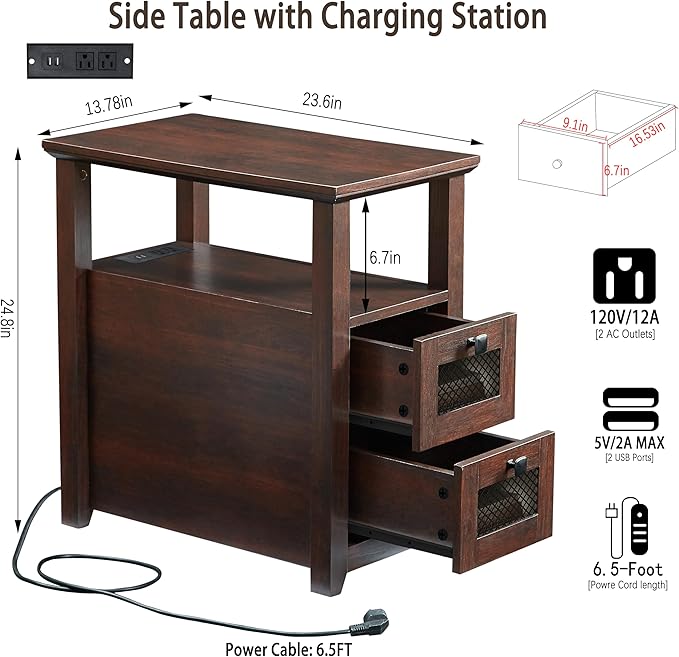 Farmhouse XXL End Table with Charging Station, Narrow Side Table with USB Ports - Image 2