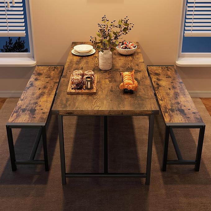Dining Table Set for 4 with 2 Benches, 3-Piece Kitchen Table Set, Space-Saving - Image 5