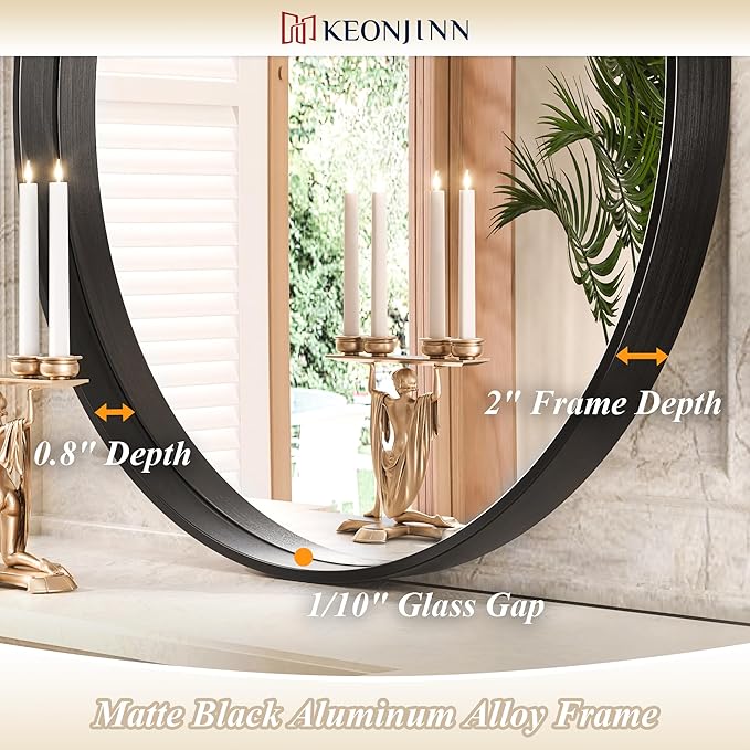 Keonjinn Black Round Mirror 36 Inch, Brushed Black Framed Circle Mirror - Image 3