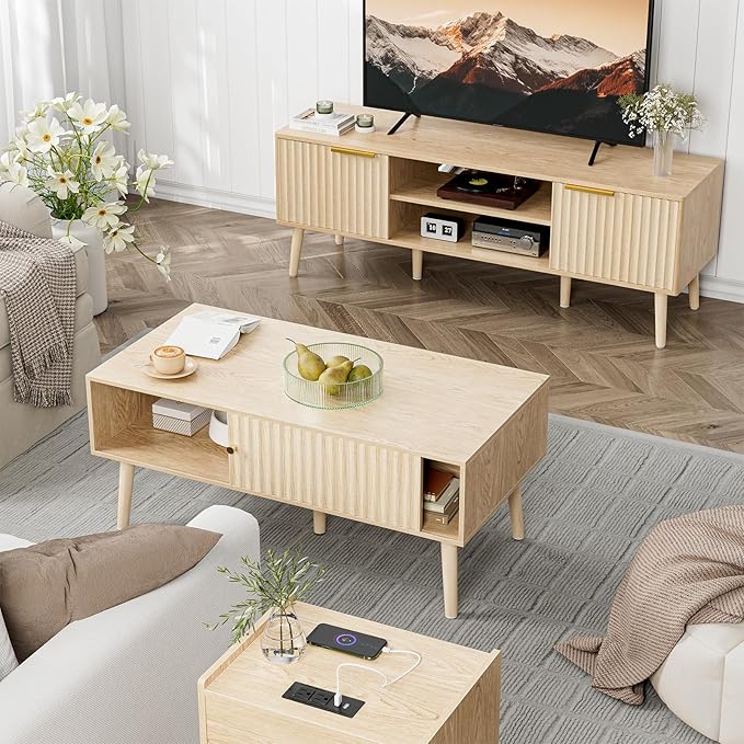 Coffee Table with Storage, Boho Dining Table with Sliding Fluted Door and Solid - Image 4